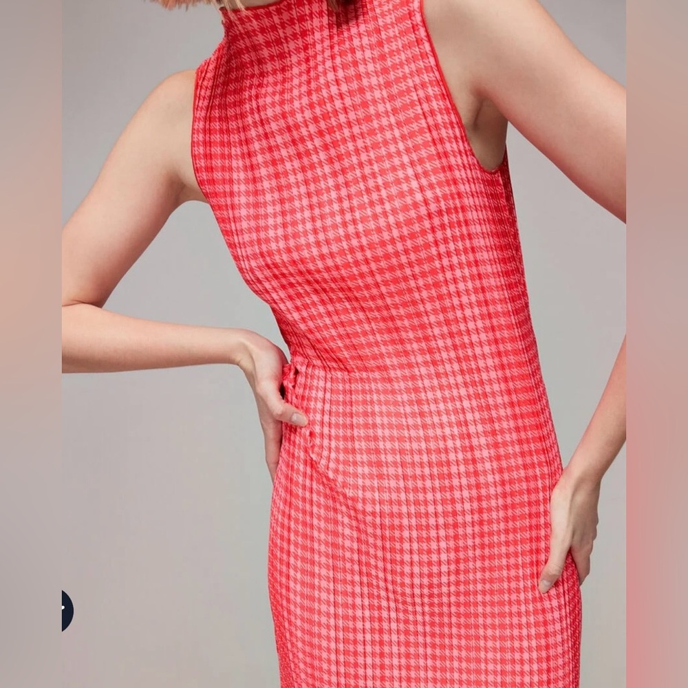 Whistles Pink Houndstooth Plissé Midi Chic Dress Pleated Sleeveless US 16